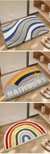 Non-slip absorbent high-pile tufted bathroom mats with colorful rainbow and wave designs