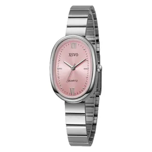 Elegant ladies' quartz watch with silver bamboo steel strap and pink oval dial
