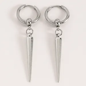 Punk gothic style silver spike hoop earrings with long cone dangle for street fashion