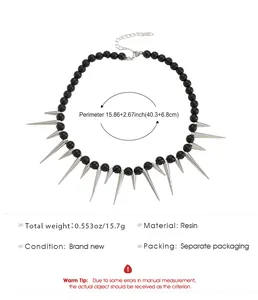 Detailed measurements and specifications of gothic punk spike necklace with black resin beads
