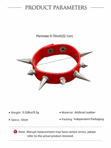 Red punk gothic style spiked collar with dimensions and material specifications detail