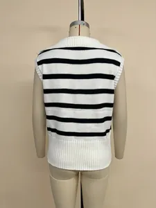 Back view of a classic black and white striped knit sleeveless vest on a tailor dummy.