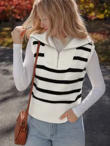 Detail of a women's striped quarter-zip knit vest with a stylish collar for autumn wear.