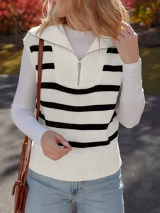 Chic striped knitted vest with half-zip collar for women's autumn style