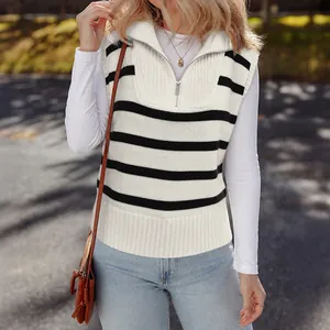 Women's striped knitted vest with quarter-zip polo collar and sleeveless autumn style design.