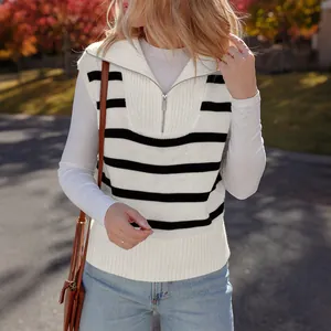 Casual black and white striped knit vest with quarter-zip collar worn by a model outdoors