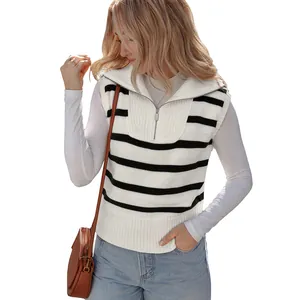Striped zip-up knitted vest for women with casual lapel collar in white and black