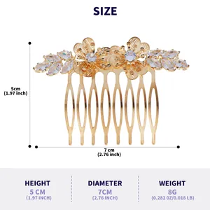 Detalle de dimensiones del peine de novia dorado con flores y cristales