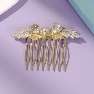 Elegante peineta dorada para novia con flores de diamantes para accesorios de boda