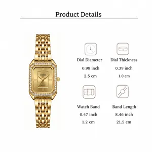 Dimensioni dettagliate per orologio al quarzo da donna quadrato oro con castone di diamanti