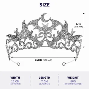 Dimensiones detalladas de la tiara gótica de murciélago: 15cm de ancho, 7cm de alto, 86g