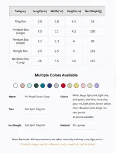 Size chart and specifications for crown buckle PU leather jewelry box series
