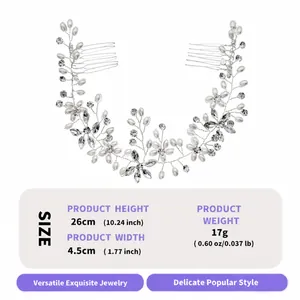 Elegante enredadera de pelo para novia en plata con perlas y cristales, detalle 26cm