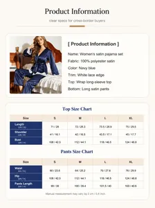 Detailed size chart and specifications for navy blue satin pajama set for women