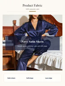 Detailed view of navy blue satin robe with delicate lace edging and smooth texture
