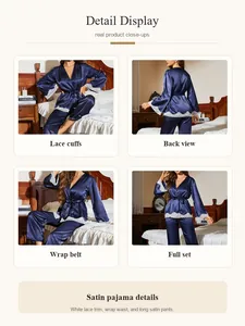 Detailed view of navy blue satin pajama set with white lace trim and wrap belt.