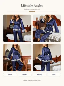 Detailed view of navy blue satin pajama set from front, back, and seated angles