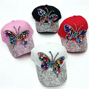 Butterfly Rhinestone Baseball Cap Sparkly Denim Cotton Adjustable Sun Hat Trendy Streetwear Women
