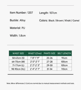 Size chart and technical specifications for the 1.8cm wide retro women's PU leather belt