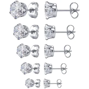 Boucles d'Oreilles Clous Minimalistes en Acier Inoxydable avec Zirconia pour Femmes Rondes Serties à Six Griffes Bijoux de Mode