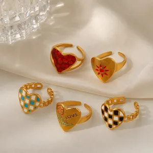 Heart Shaped Stainless Steel Ring Gold Plated Open Adjustable Enamel Checkered Flower Jewelry For Women Trendy