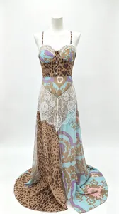 Sexy leopard print chiffon maxi dress with lace trim and high slit detail.