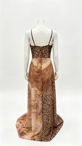 Back view of a sexy leopard and floral print chiffon maxi dress displayed on a mannequin