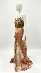 Elegant sexy floor-length chiffon spaghetti strap dress with leopard and floral prints