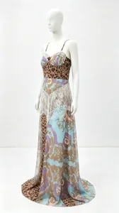 Floor-length view of a leopard print and floral chiffon camisole dress with lace detailing