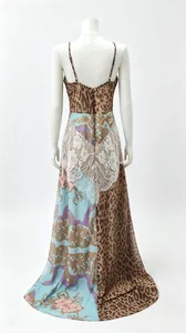 Back view of a leopard print and floral chiffon maxi dress with delicate white lace detail