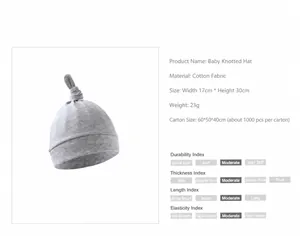 Detail view of soft grey cotton newborn knot hat with size and weight specifications