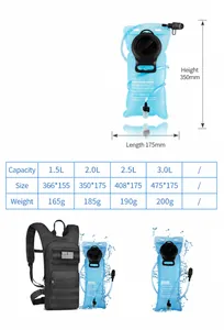 Outdoor hydration bladder specifications in 1.5L, 2.0L, 2.5L and 3.0L capacities.