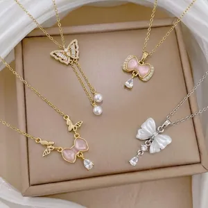 Butterfly Pendant Necklace Stainless Steel Gold Silver Zirconia Faux Artificial Pearl Tassel Sweet Fashion Jewelry For Women Gift