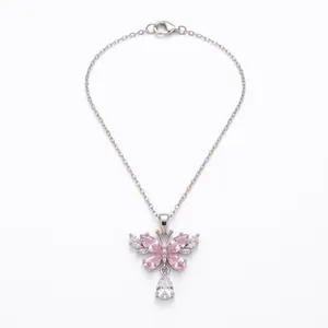 Elegant butterfly pendant necklace with pink crystals and silver-toned chain jewelry