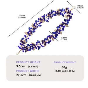 Detailed size and weight specs for the vintage blue crystal leaf hair accessory.