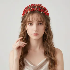 Vintage red crystal headband with golden metal leaves for bridal wedding hair accessories
