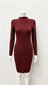 Elegantes weinrotes langärmliges Strickkleid mit raffiniertem Stehkragen und Rippmuster.