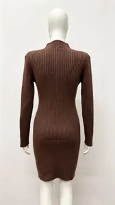Rückansicht eines braunen langärmligen Strickkleides mit Stehkragen.