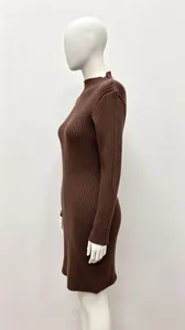 Detaillierte Seitenansicht: braunes Langarm-Strickkleid mit halbem Rollkragen, A-Linie.