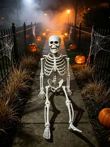 Realistisches Halloween-Skelett in Lebensgröße auf einem nebligen Pfad mit Kürbissen.