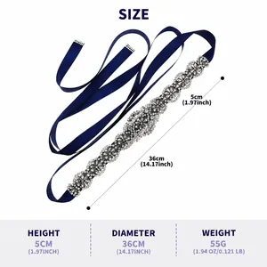 Detailed dimensions of navy blue bridal sash with rhinestones and silver finish.