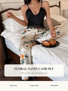 Elegant floral satin cami and long pants pajama set with black lace details