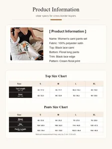 Detailed size chart and product specifications for women's floral lace cami pajama set.