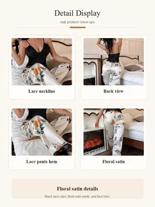 Detailed visual of the floral satin pajama set featuring elegant black lace trim