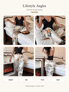 Detailed multi-angle views of women's floral print satin pajama set in a bedroom