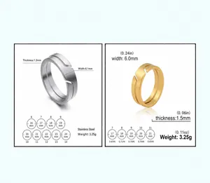Detailed view of minimalist stainless steel rings with precise size chart and specs.