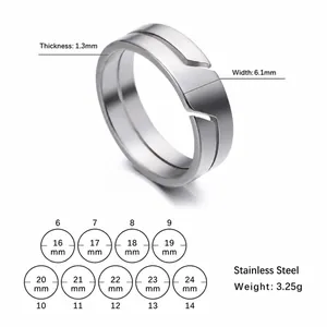 Detailed view of polished stainless steel ring with size chart and dimensions info