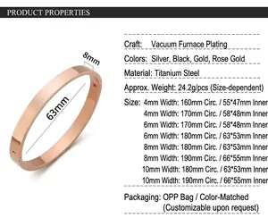 Technical size specifications for minimalist rose gold titanium steel bangle.