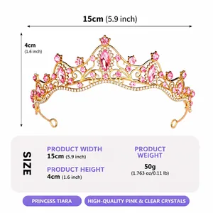 Gold alloy princess tiara with pink crystals showing 15cm width and 4cm height
