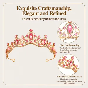Close-up detail of an elegant pink crystal tiara with golden alloy vine design patterns